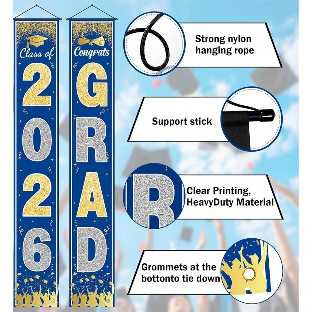 Graduation 71x12 Porch Banner Set Unisex Blue Gold Class of 2026 Decor